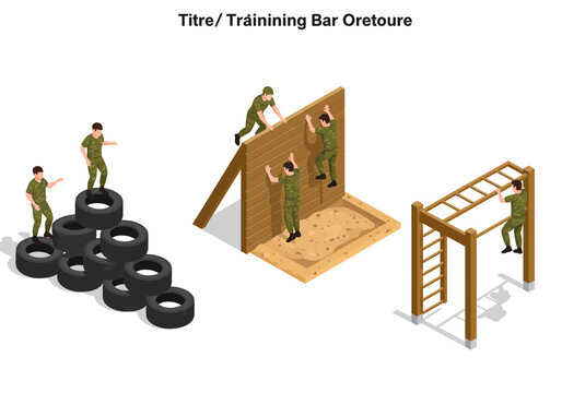 Isometric illustration of soldiers training on an obstacle course, including tires, a climbing wall, and monkey bars.