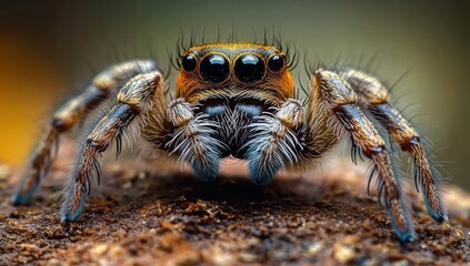 Close-up macro image of a furry jumping spider with prominent eyes standing on soil with a blurred natural background