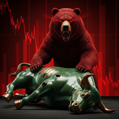 Bear market metaphor with a dominant red bear over a defeated bull. Red stock chart background signifies recession, failure and financial risk.