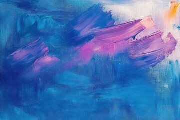 Abstract painting with vibrant blue and purple brushstrokes blending smoothly with a touch of yellow and white light in the upper right corner