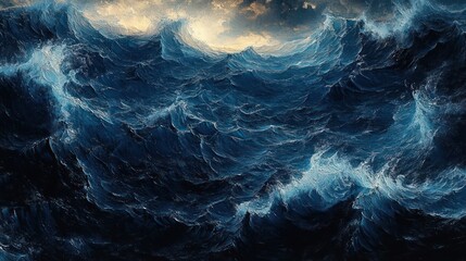 Dark stormy ocean waves crashing with foamy crests under a cloudy sky, evoking a sense of power and turbulence