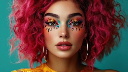 Fototapeta premium Close-up portrait of a woman with bright pink curly hair and vibrant multicolored artistic makeup expressing confidence and creativity against a teal background