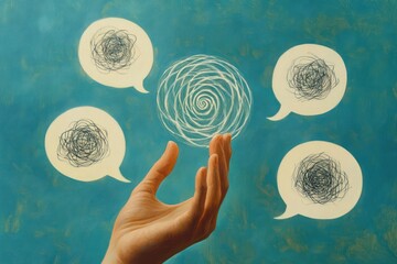 A hand reaching towards a clear spiral surrounded by four speech bubbles filled with chaotic scribbles, symbolizing clarity emerging from confusion or chaotic thoughts