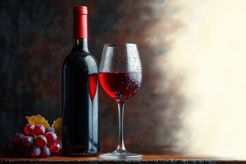 A bottle of red wine and a filled glass with water droplets on the surface next to a cluster of fresh red grapes and autumn leaves on a wooden table with a warm, soft light background
