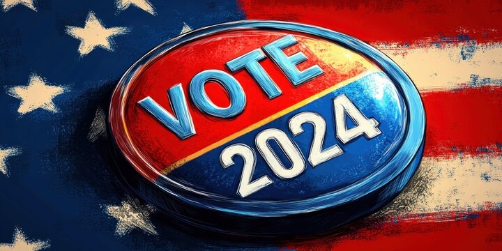 Red and blue election button with the word vote and year 2025 on a textured American flag background expressing civic engagement