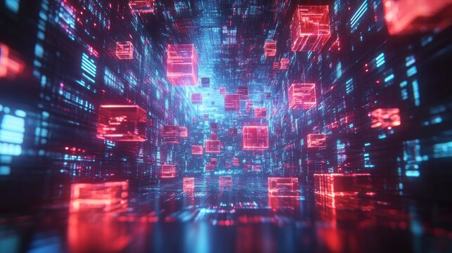 Futuristic digital tunnel filled with glowing red cubes and blue light grids creating a sense of depth and dynamic movement