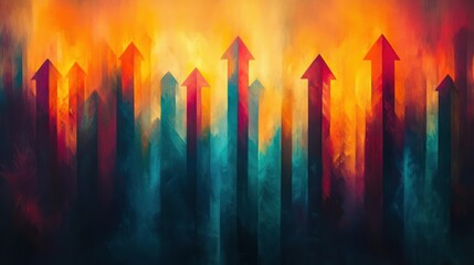 Abstract painting showing multiple arrows pointing upwards with vibrant fiery orange, yellow, and deep blue colors conveying growth and progress
