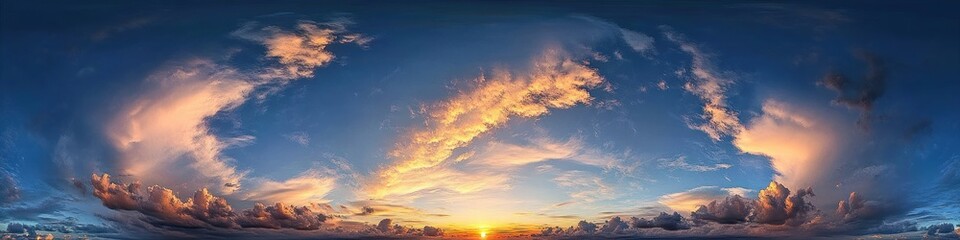 Obraz premium Panoramic view of a dramatic sunset with vibrant orange and blue sky, scattered clouds illuminated by the setting sun over the horizon