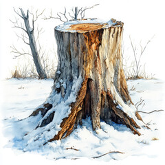 Tree stump covered in snow stands in winter landscape, surrounded by bare trees and blanket of white. texture of wood and contrast of snow create serene scene