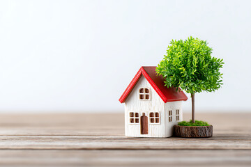 Miniature Red-Roofed House With a Green Tree on a Wooden Table, Creating a Cozy Home Setting