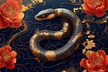 Obraz premium black and gold patterned snake coiled in a circular shape on a dark background adorned with vibrant red flowers and delicate golden floral swirls conveying elegance and mystique