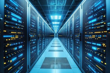 Symmetrical corridor of a modern data center with rows of server racks illuminated by blue and yellow indicator lights under bright ceiling panels