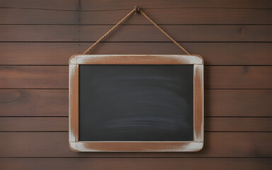 Rustic wooden plank wall backdrop with a hanging vintage chalkboard, perfect for messages and announcements