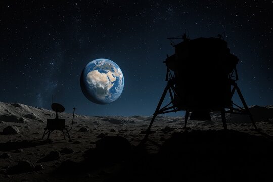 Dramatic lunar landscape with Earth rising over crater rim and astronaut equipment in foreground