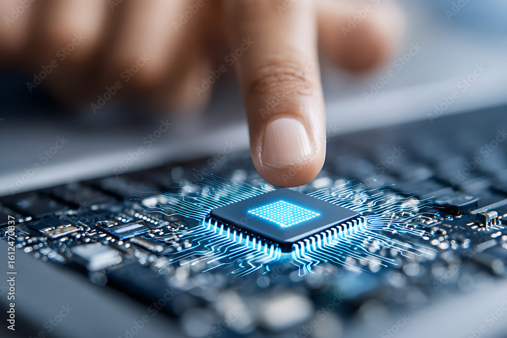 Poster close-up of a finger interacting with a computer chip on a circuit board during a technology-focused