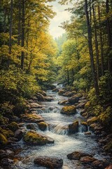 Obraz premium Tranquil forest scene with a flowing stream surrounded by green and yellow leafy trees and moss-covered rocks under a soft sky