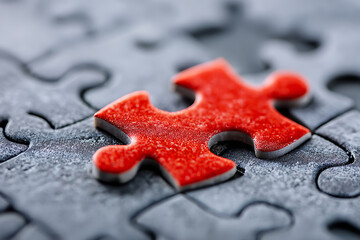 Bright Red Puzzle Piece on Gray Background Symbolizes Problem-Solving and Creativity in a Playful Activity