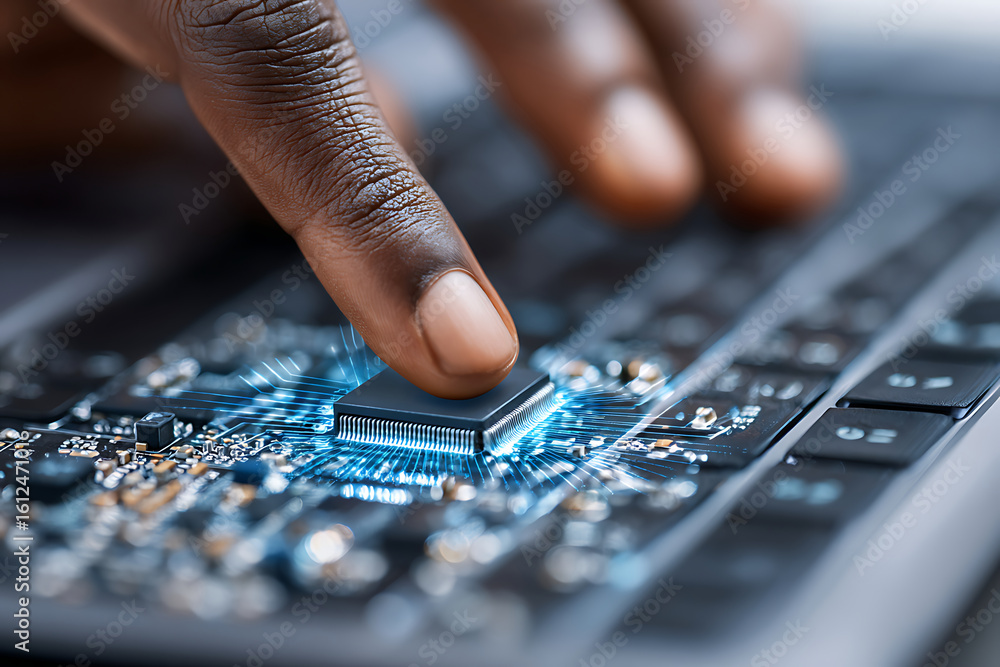 Poster close-up of a hand interacting with a circuit board, showcasing advanced technology and electronic c