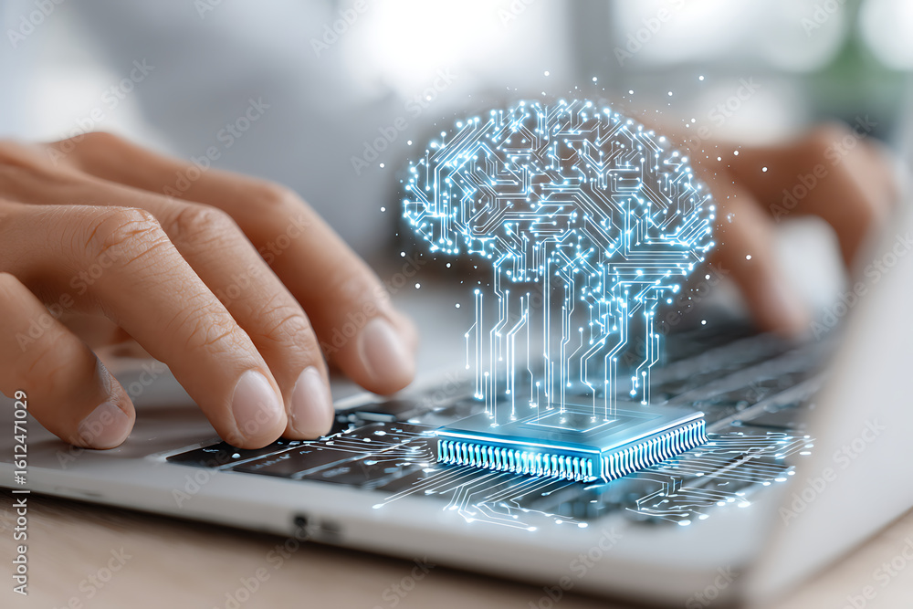 Poster hands typing on a laptop with a digital brain illustration symbolizing artificial intelligence devel
