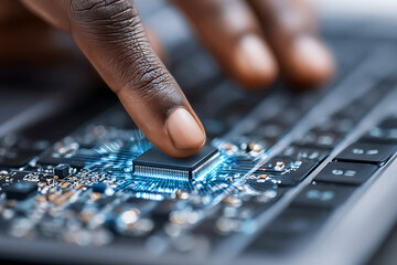 Close-up of a Hand Interacting With a Circuit Board, Showcasing Advanced Technology and Electronic Components in a Modern Workspace