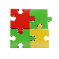 Fototapeta premium Four colorful puzzle pieces connected together isolated on white isolated on transparent background