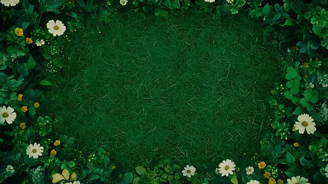 A lush green grass patch framed vibrant white daisies yellow wildflowers creates a stunning natural border.