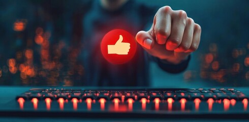 Hand reaching out to press a glowing like button icon floating above a colorful backlit keyboard in a dark environment