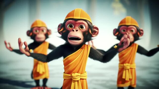 Animated monkeys wearing orange construction helmets dance