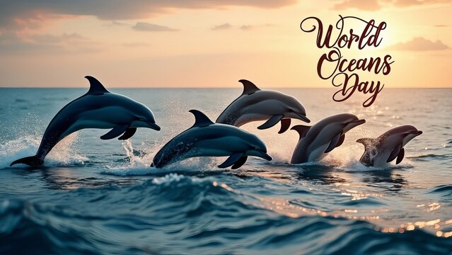 Dolphins leap from the ocean waves at sunset during world oceans day