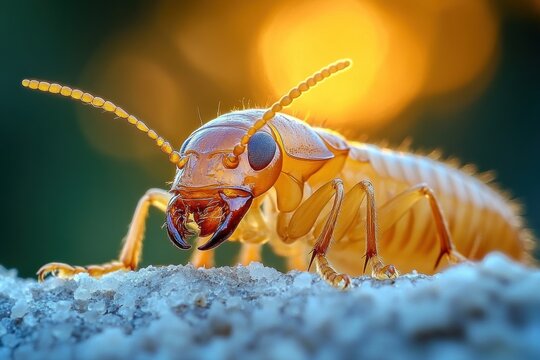 Close-up macro image of a yellow termite with detailed mandibles and antennae on a textured surface against a warm glowing blurry background, evoking curiosity and natural focus