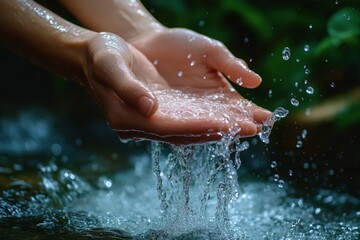 two hands gently cupping flowing clear water with droplets splashing and a blurred natural background