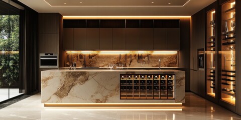 modern kitchen with large marble island featuring built-in wine racks illuminated with warm ambient lighting and dark wood cabinetry alongside glass walls overlooking greenery
