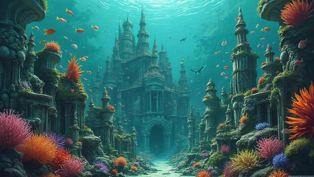 An underwater castle surrounded by coral reefs and marine life