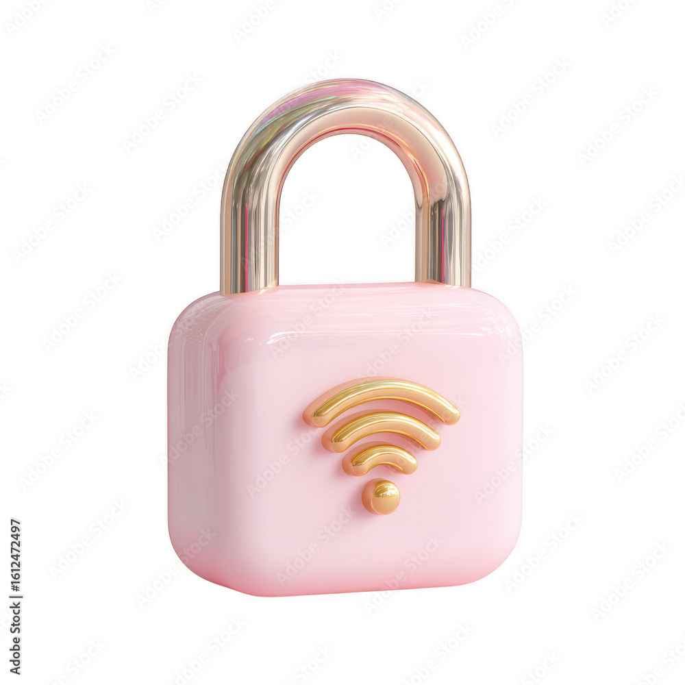 Poster pink padlock with golden wifi symbol isolated on a transparent background image