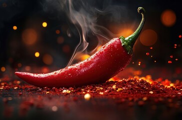 Close-up of a fresh red chili pepper with water droplets and rising steam on crushed chili flakes with dark smoky background