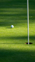 Close-up of a golf ball poised inches from the hole on vibrant green turf, with the white flagstick standing tall, capturing the tension and precision of a perfect putt