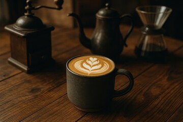 Premium coffee service presentation on reclaimed wood surface with artisanal brewing accessories