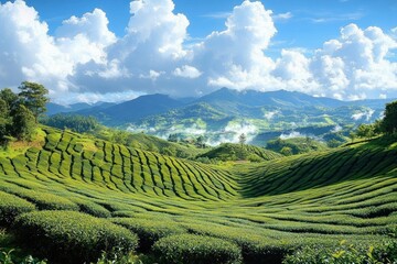 Vast rolling green tea plantation under a bright blue sky with large fluffy clouds and distant misty mountains on a sunny day