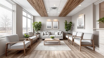 Fototapeta premium Doctors office waiting room with chairs spaced apart, magazines on a table, and warm lighting