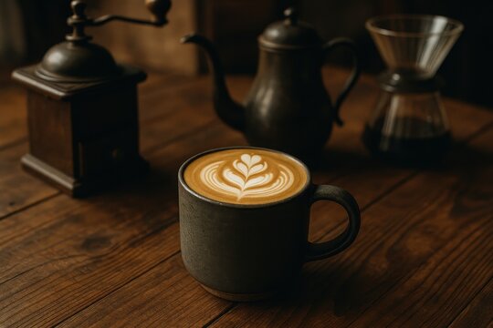 Premium coffee service presentation on reclaimed wood surface with artisanal brewing accessories