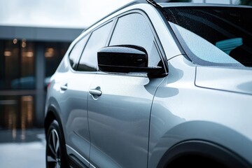 Obraz premium Close-up of a wet silver modern SUV car side with visible door, window, black side mirror, and blurred building background under soft daylight