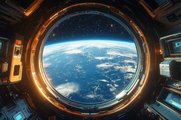 View of Earth’s blue surface and scattered clouds from a spacecraft window with a glowing circular frame in space