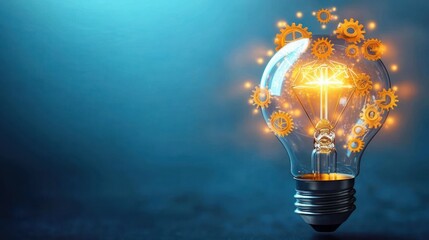 Glowing incandescent light bulb with illuminated filament surrounded by small moving mechanical gears on blue gradient background representing innovation and technology