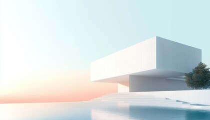 Minimalist modern white building with cantilevered upper section beside calm reflecting pool at sunrise or sunset with soft pastel sky and single tree
