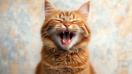 close-up of a fluffy orange tabby cat with eyes closed mouth open showing teeth appearing to yawn or laugh against soft blurred background