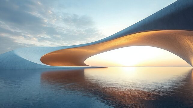Futuristic curved bridge spanning calm water with soft glowing underlighting at sunrise or sunset under a partly cloudy sky