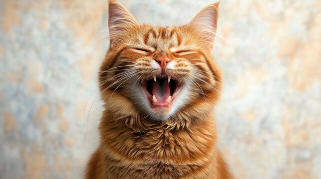 close-up of a fluffy orange tabby cat with eyes closed mouth open showing teeth appearing to yawn or laugh against soft blurred background