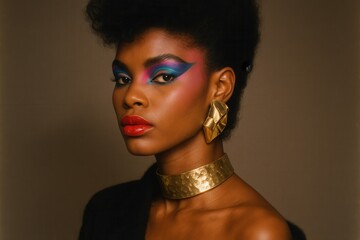 Retro 1980s glamour portrait of confident African American woman with bold geometric makeup and metallic jewelry © Jelena