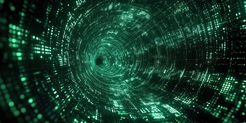 Glowing green digital tunnel with swirling matrix of illuminated squares and dots creating a futuristic vortex effect