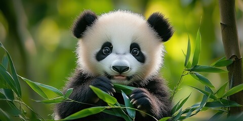 Fototapeta premium Cute baby panda holding green bamboo leaves with a soft focused natural green background, showing innocence and curiosity